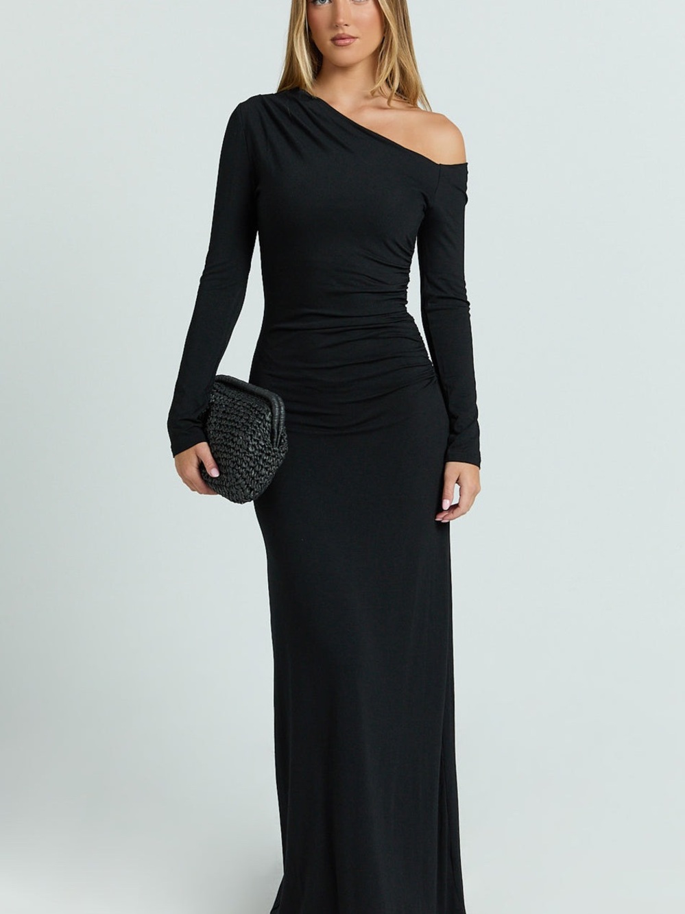 Showpo Black One-Shoulder Long Sleeve Maxi Dress